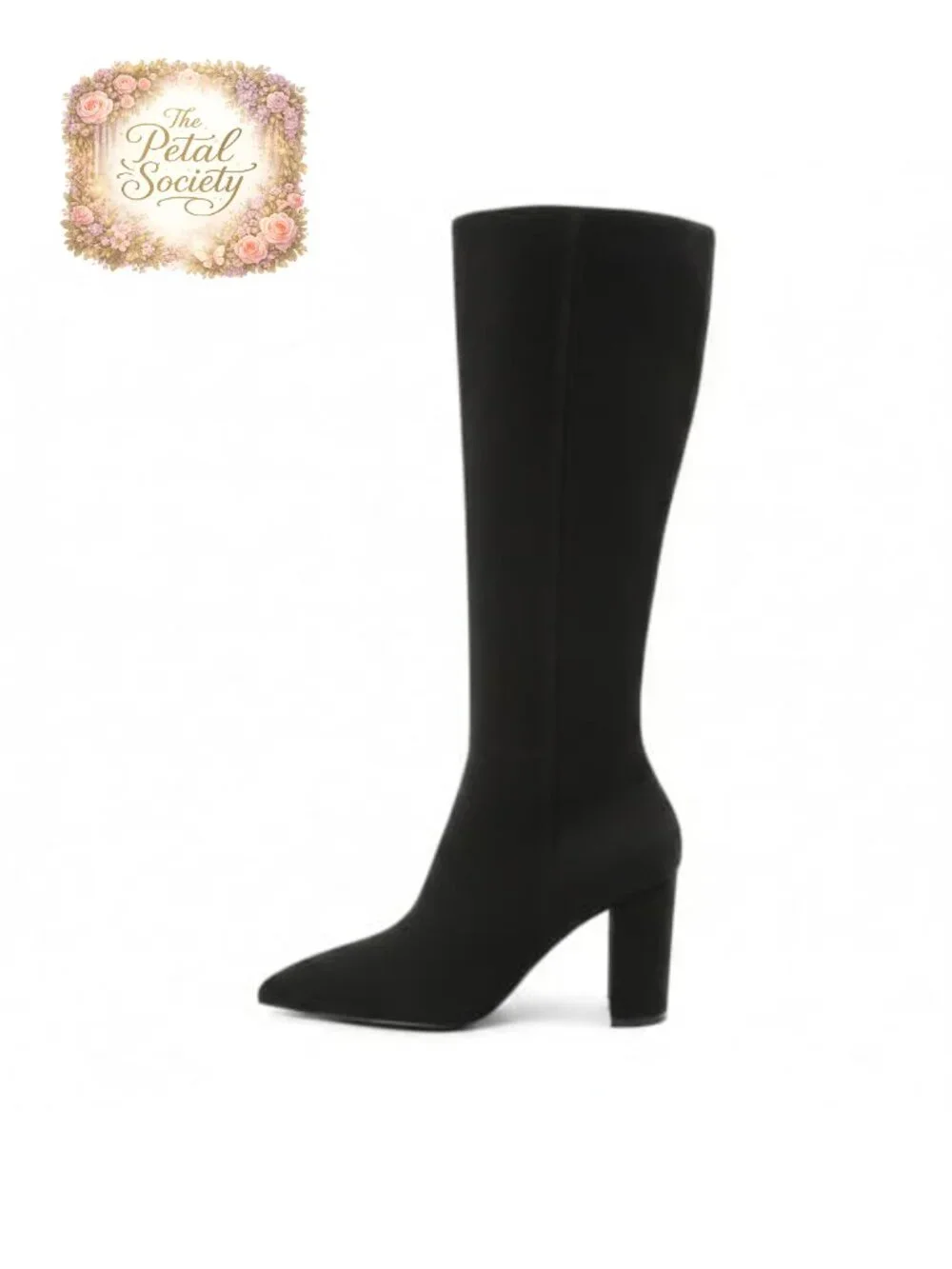 Pointed Toe Knee High Boots Chunky Heel Side Zip Gogo Booties Faux Leather